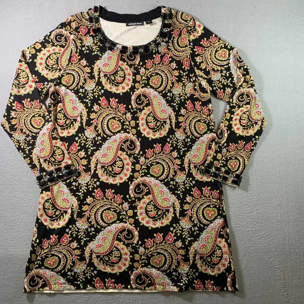 Michael Simon Black Silk & Nylon Paisley Beaded Jeweled Tunic Dress Top Sz XL